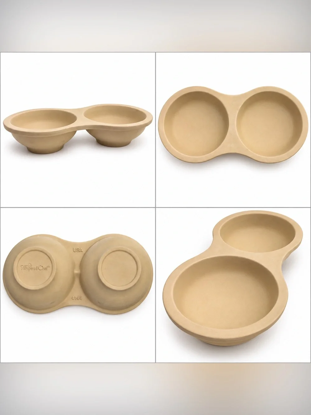 Pampered Chef Beige Stoneware Double Microwave Egg Cooker Dish USA #4144
